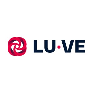 Logo di LU-VE con un design moderno e un'icona che rappresenta una spirale rosso su sfondo bianco.